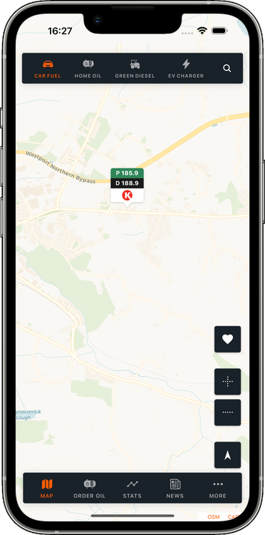 FuelWatch map of Ireland with petrol and diesel price pins