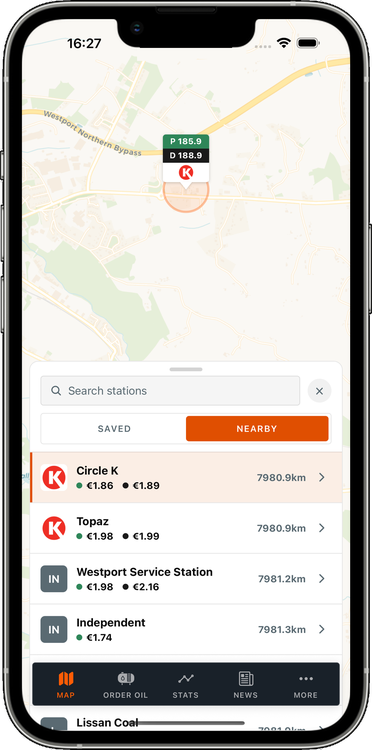 Nearby station list comparing petrol and diesel prices by distance