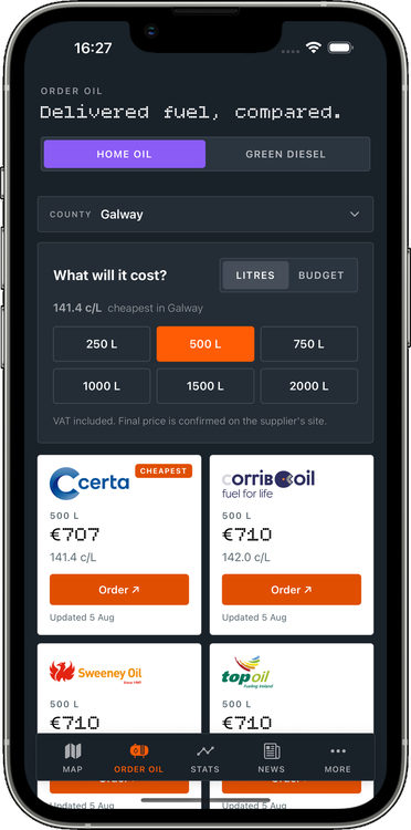 Order Oil tab comparing delivered home heating oil prices by county