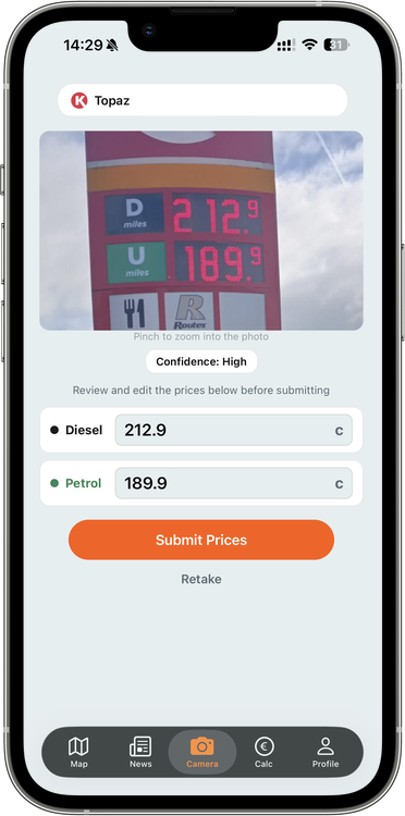 AI Price Board Scanner reading a forecourt price sign