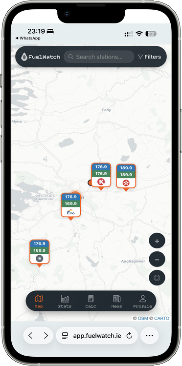 FuelWatch map of Ireland with petrol and diesel price pins