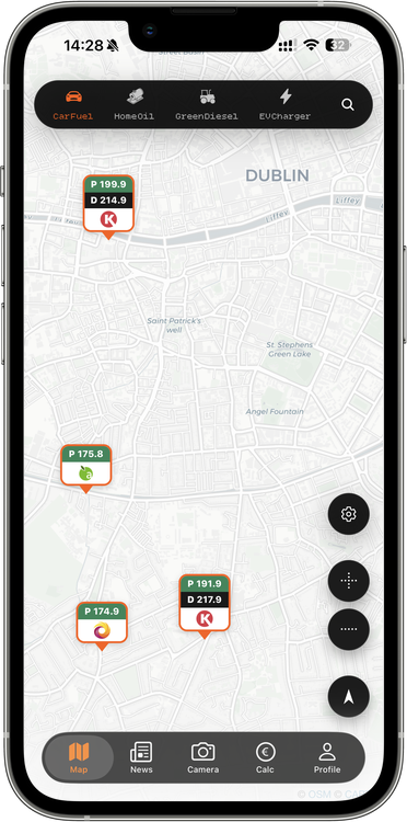 FuelWatch map of Ireland with petrol and diesel price pins