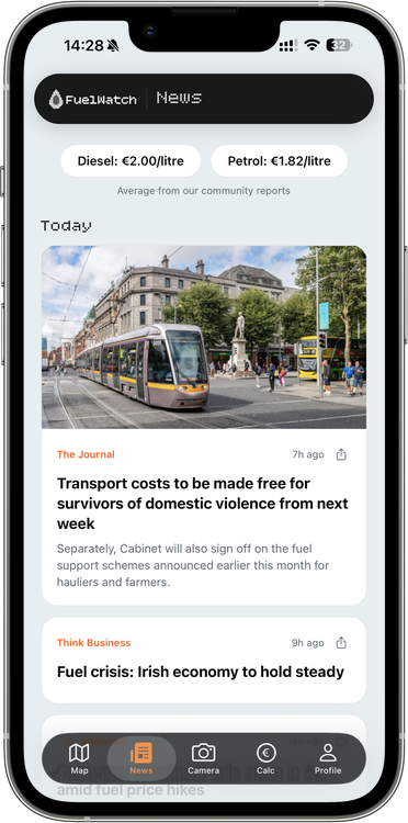Fuel news headlines and timeline in the FuelWatch app