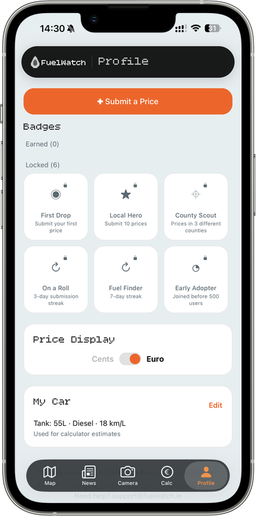 FuelWatch profile screen with reporter badges and stats