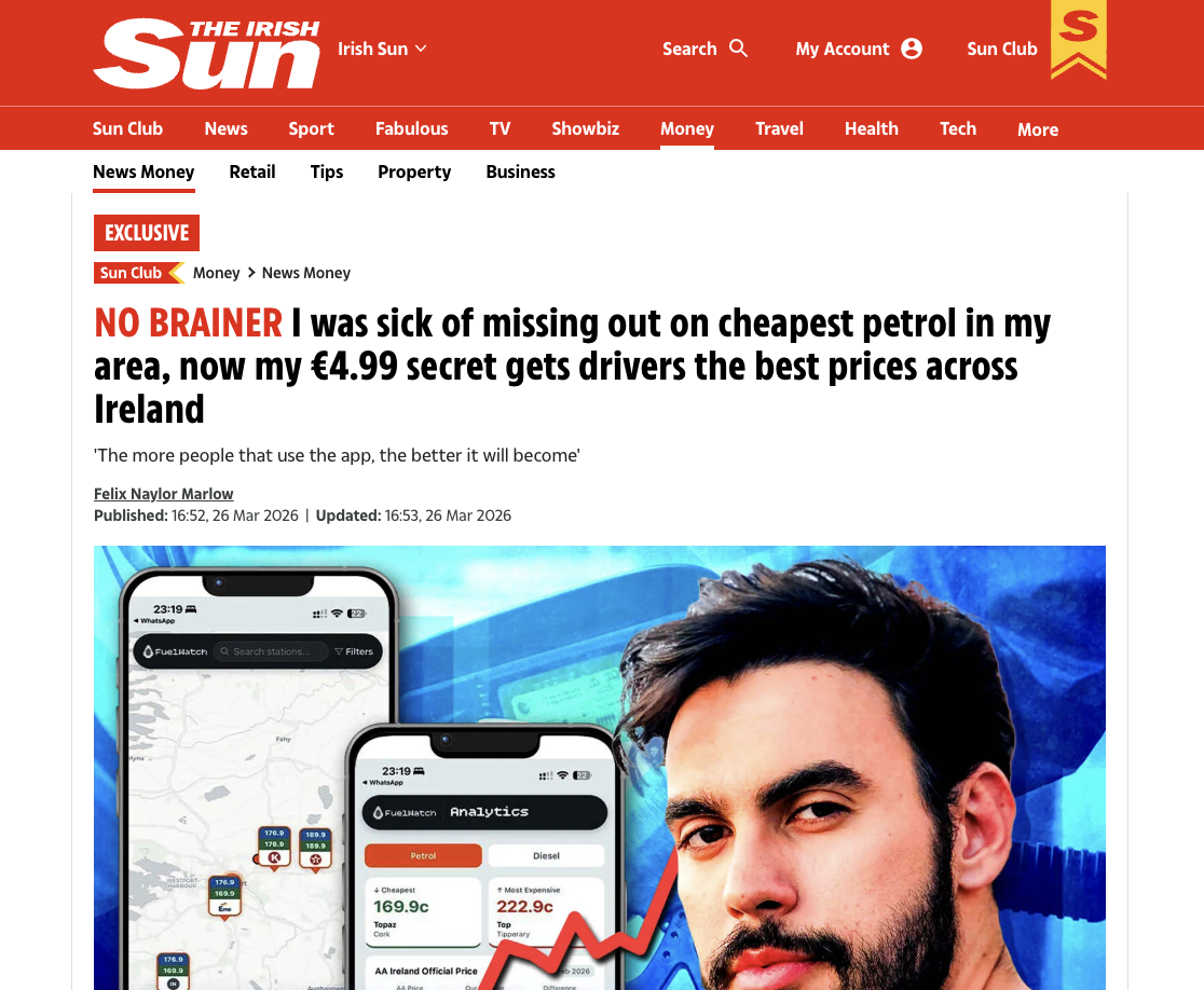 FuelWatch.ie featured in The Irish Sun